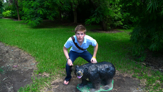 Colin Wright and a bear statue