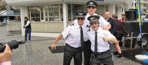 Colin Wright at a Heart Children fundraiser dressed as an Air New Zealand pilot